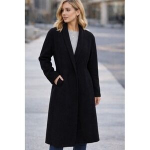 Vintage Sabrina Black Wool Blend Shawl Collar Coat Womens XL Long Open Front Cla